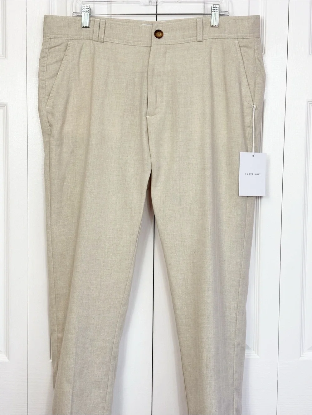 NWT I Love Ugly Men's Bone Herringbone Linen Slim Fit Crop Kobe Pants